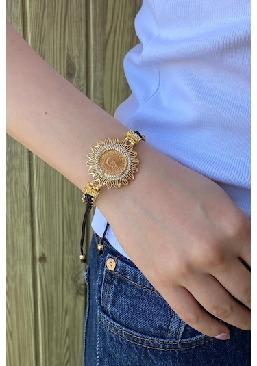 Zümrüt Sarraf 22 Ayar Altın Bayan Siyah İpli Çeyrekli Bileklik