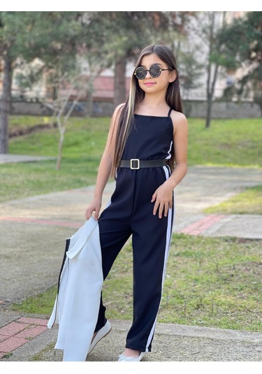 Modavals Kemer Hediyeli Beli Lastikli Şerit Detaylı Garson Boy Kız Çocuk Siyah Tulum & Ceket Kombin Çok Renkli Modavals Kemer Hediyeli Beli Lastikli Şerit Detaylı Garson Boy Kız Çocuk Siyah Tulum & Ceket Kombin Çok Renkli