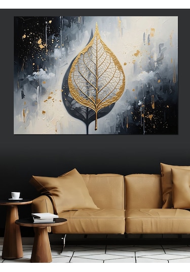 Ahşap Tablo Altın Varaklı Yaprak Deseni