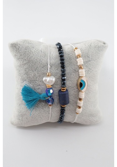 3lü Püsküllü İncili Nazar Boncuklu Asansörlü Bileklik. Lastikli Boncuklu Bileklik. Kadın İp Bileklik Çok Renkli