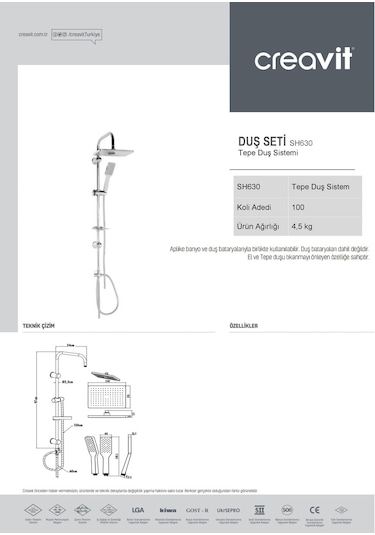Creavit SH630 Tepe Duş Sistemi Kendinden Temizleyicili (Kare) Krom