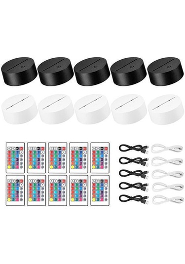 Xurunkeji 10'lu Paket 3d Gece Led Işıklı Lamba Tabanı + Uzaktan Kumanda + Usb Kablosu, Akrilik İçin 16 Renk Işık Gösterisi Ekran Standı Siyah + Beyaz