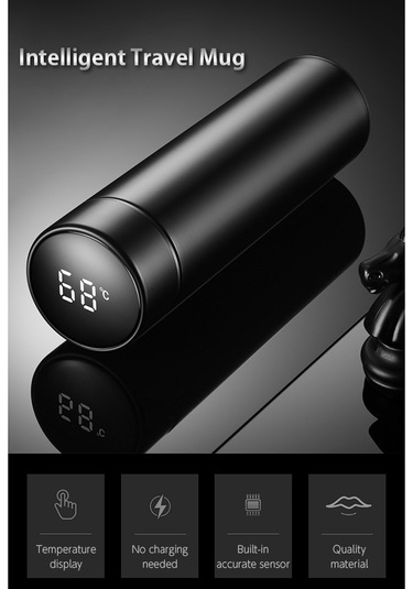 Monyee 500ml Akıllı Sıcaklık Gösteren Termos Bardak - Lcd Dokunmatik Ekranlı, 304 Çelik, Sızıntısız, Siyah Seyahat Kasesi Siyah