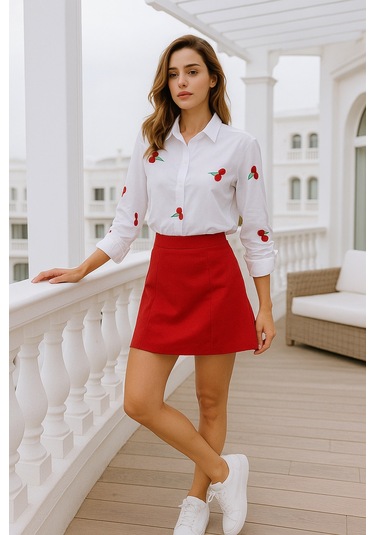 Kadın Kiraz Desenli Beyaz Pamuk Gömlek Beyaz