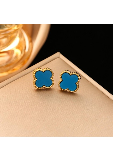 Mavi Dört Yapraklı Yonca Titanyum Çelik Küpe Yaz Niş Tasarım Yüksek Dereceli Küpe Duygusu Mizaç Bayanlar Küpe