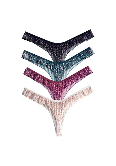Çiçek Desenli Tül Kenarları Fırfırlı Tanga 4'lü Paket Külot Renkli-1 Çok Renkli