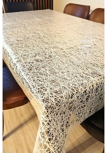 Dantel Görünümlü Üstü Şeffaf Kaplı Muşamba Masa Örtüsü -krem Renk