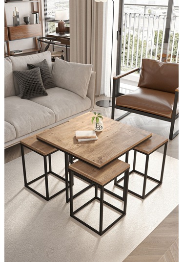 Lizbon 4+1 Kare Sehpa Takımı Siyah Metal - Atlantik Çam Tabla