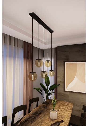 Dora Siyah Metal Gövdeli 5'li Bal Rengi Cam Avize