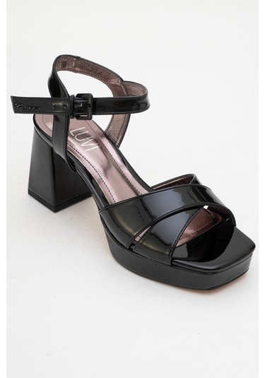 Lisbon Siyah Rugan Çapraz Bantlı Kadın Platform Topuklu Ayakkabı Siyah Rgn