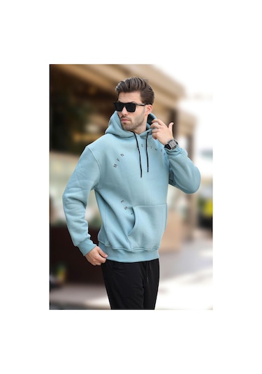 Madmext Mavi Kapüşonlu Cep Detaylı Nakışlı Erkek Sweatshirt 7054-mavi Mavi
