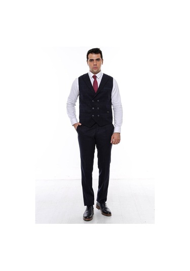 Wessi Kruvaze Yakalı Kareli Desenli Erkek Yelek - Lacivert