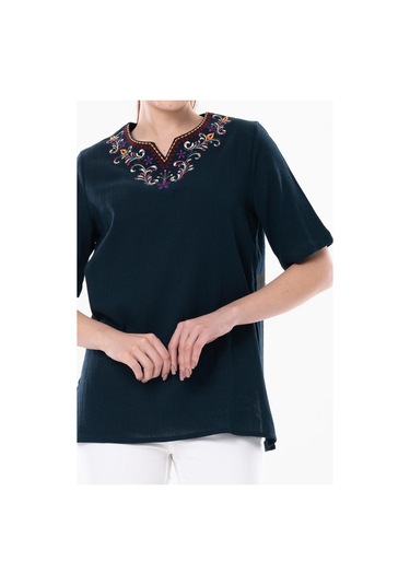 Kısa Kol Şile Bezi Gökkuşağı Nakış Detaylı Yazlık Bluz Petrol Ptrl-petrol