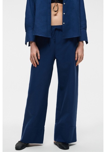 Melancholı Kadın %100 Pamuk Keten Görünüm Flamlı Geniş Paça Yüksek Bel Lastikli Lacivert Pantolon