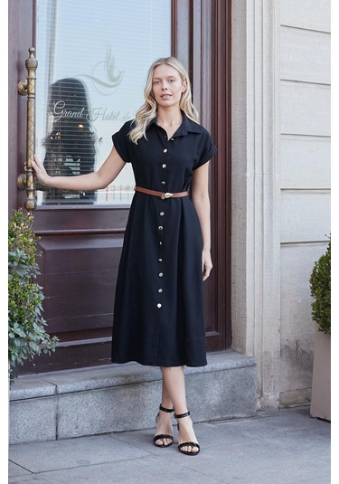 Kadın Twill Modal Yakalı Düşük Omuzlu Duble Kol Midi Boy Diz Altı Elbise Deri Kemer Dahil -siyah Siyah