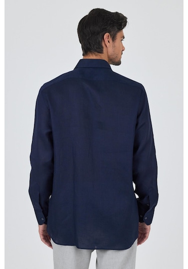 Uzun Kol Düz Keten Düğmeli Yaka Cepsiz Casual Comfort Fit Gömlek 1004250114 Koyu Lacivert