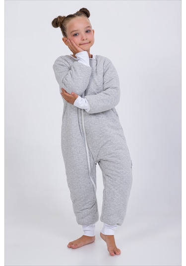 Kız Erkek Çocuk Kalın Elyaf Dolgulu Premium Kalite 2.5 Tog Desenli Uyku Tulumu Gri - Beyaz