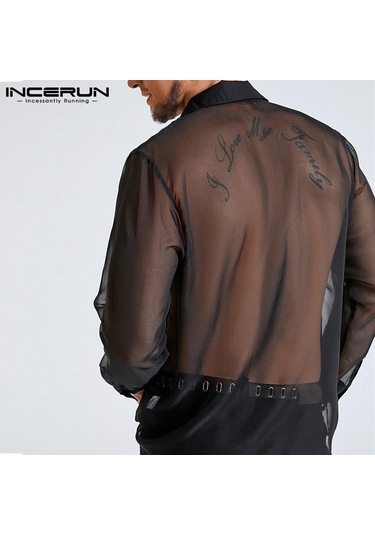 İncerun Erkek File Transparan Uzun Kollu Transparan Parti Gömlekleri Siyah