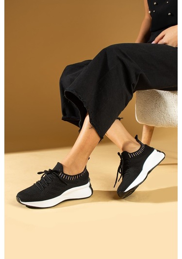 Shoetek Faina Kadın Sneakers Triko Dokumalı Bağcıklı Spor Ayakkabı Siyah Siyah