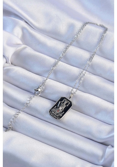 316l Çelik Zincir Gümüş Renk Siyah Mineli Tarot Kolye