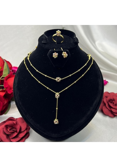 Üç Renkli Dorika Çiçek Model Sallantılı Kadın 4'lü Seti 925 Ayar Gümüş Altın Kaplama Altın