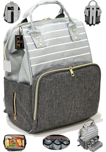 Bebek Bakım Çantası Gold Fermuarlı Sırt Çantası Açık Gri