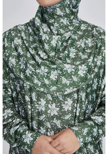 Pratik Tek Parça Manolya Desenli Namaz Elbisesi Haki