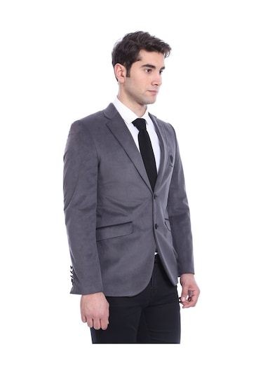 Wessi Kareli Kapaklı Cepli Arma Detaylı Kadife Füme Gri Erkek Ceket - Wessi Füme - Gri