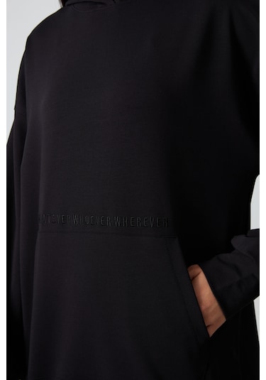 Tommy Life Siyah Balon Kol Yazı Nakışlı Kadın Oversize Tunik Sweatshirt - 97163 Siyah