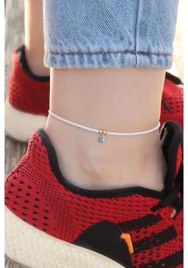 Moco Nazar Boncuğu Tasarımlı Beyaz Boncuk Detaylı Halhal Çok Renkli