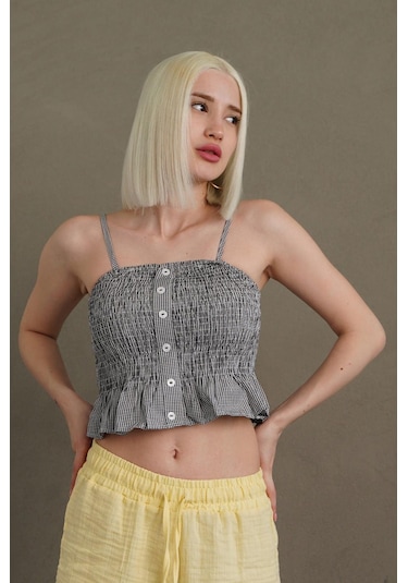 Madmext Siyah Ayarlanabilir Askı Pötikareli Crop Mg2371 Siyah