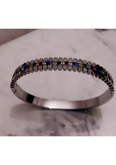 Giftworld Çelik Silver Taşlı Kelepçe Bileklik
