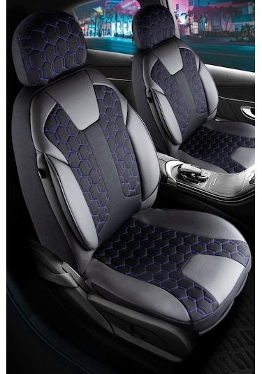 Peugeot 306 Uyumlu Deri Detaylı Oto Koltuk Kılıfı Ön Arka Takım Cyrus Siyah Mavi