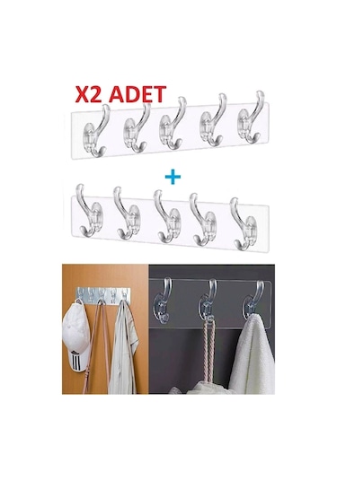 2 Adet Kendinden Yapışkanlı Güçlü Şeffaf 5li Askılık - Kapı Arkası Mutfak Duvar Banyo