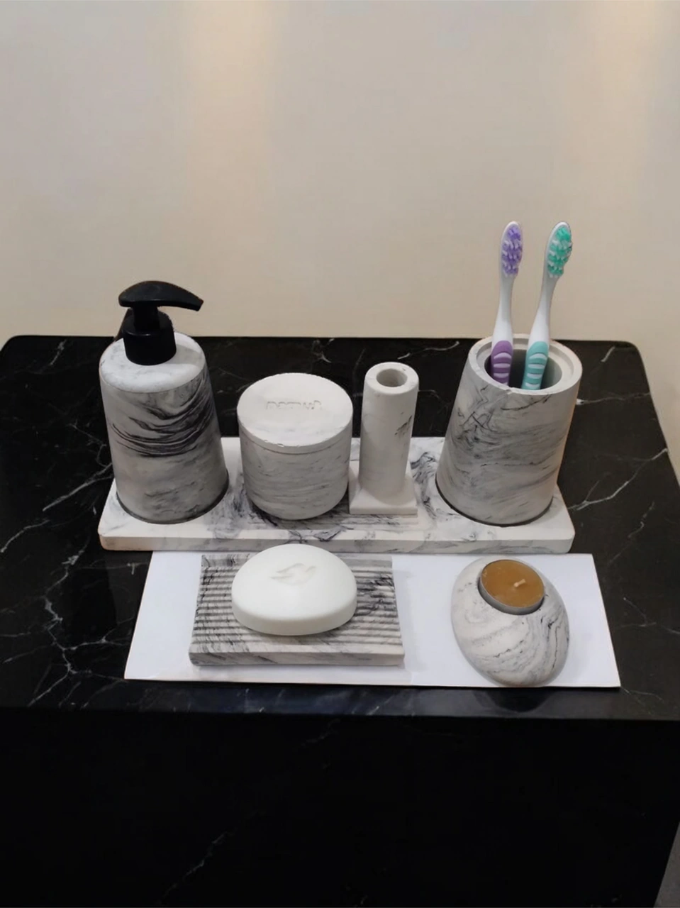 7'li Mermer Desenli Banyo Seti,sıvı Sabunluk Diş Fırçalığı Beton Aksesuar Takım Gri