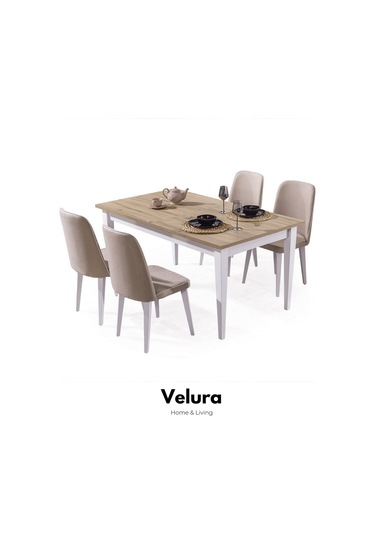 Legna Yemek Odası Takımı Yemek Masası + 4 Adet Sandalye Beyaz - Açık Ceviz