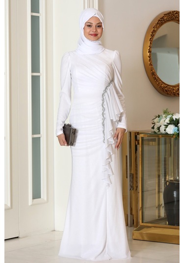 Parıltılı Fırfır Detaylı Zühre Tesettür Abiye Ekru