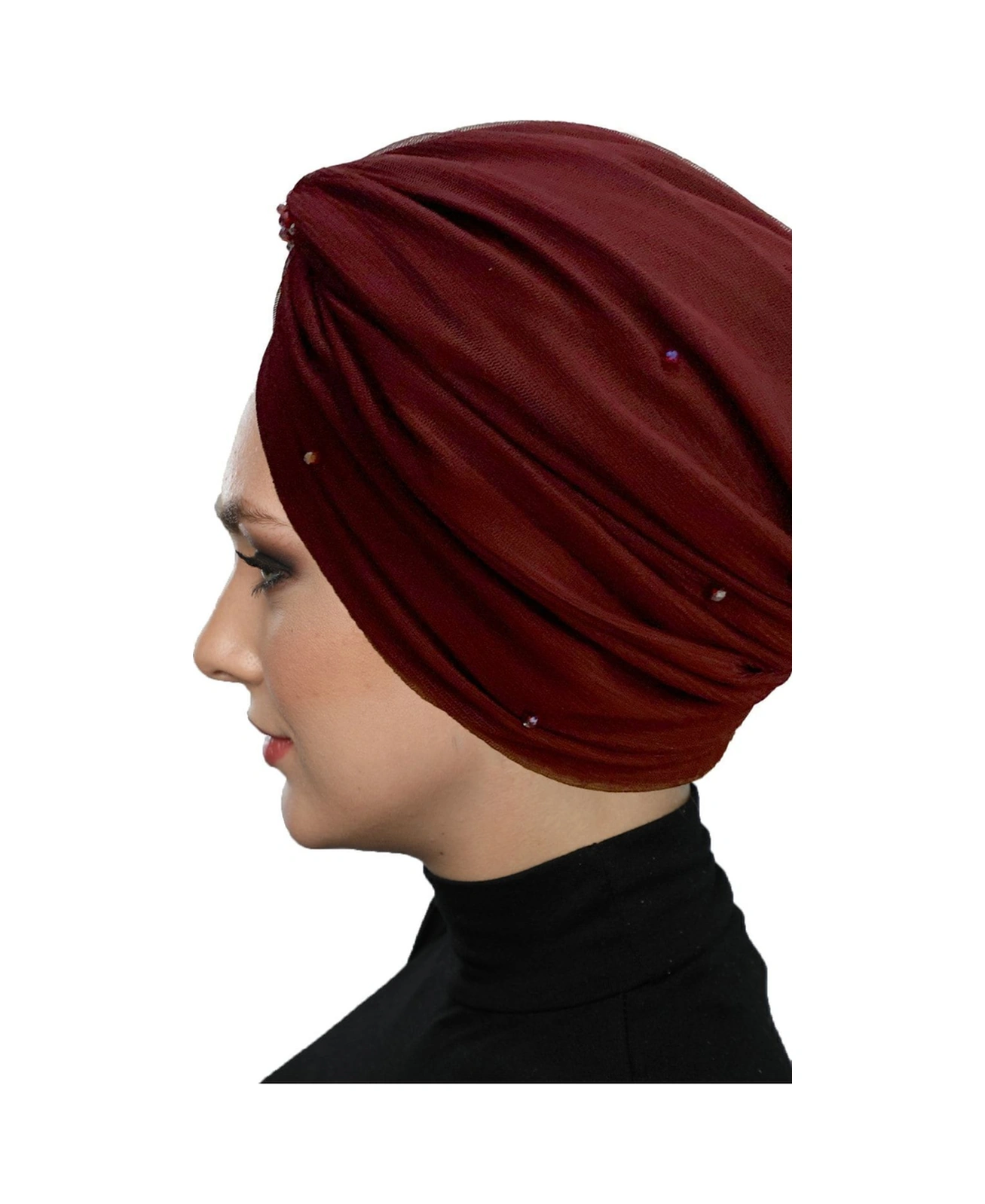 Kristal Tüllü Astarlı Bordo Hazır Türban Tesettür Abiye Bone Bordo