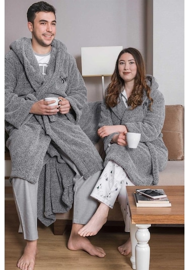 Uzun Kapüşonlu Welsoft Sabahlık Aile Seti-Gri