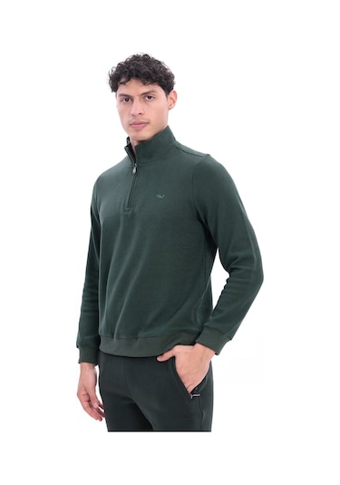 Rowinger Yarım Fermuarlı Dik Yaka Selanik Örme Erkek Sweatshirt Darkgreen