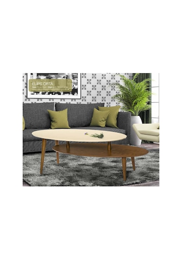 Orta sehpa OSM ELİPS Model Sehpa Parlak Ceviz Krem Ahşap Kayın torna ayak El Yapım