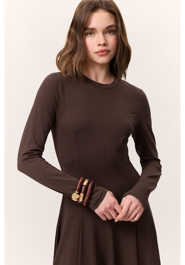 Kuplu Uzun Kollu Elbise Kahverengi Kahverengi