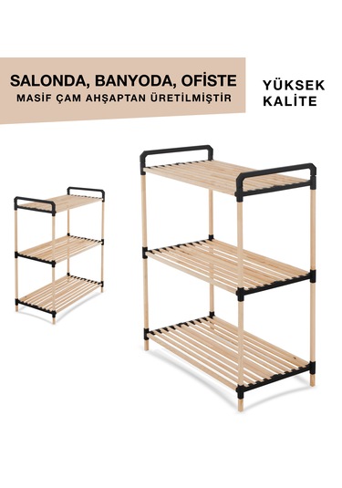Nr01 Ahşap Raf 3 Katlı 1.kalite Masif Çam Salon Banyo Ofis Ahşap