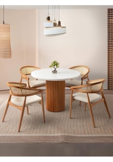 Perge İskandinav Natural Ahşap Masa Sandalye Takımı 90x90 Meşe - Beyaz