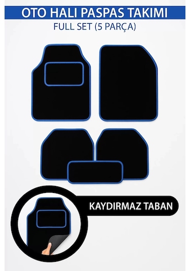 5 Parça Universal Topuk Destekli Oto Halı Paspas Takımı Kenar Renk Mavi