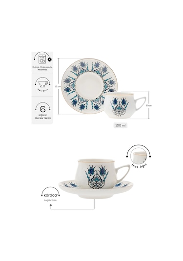 Karaca  İznik Yeni Form 6 Kişilik Kahve Fincanı Takımı 100 ml