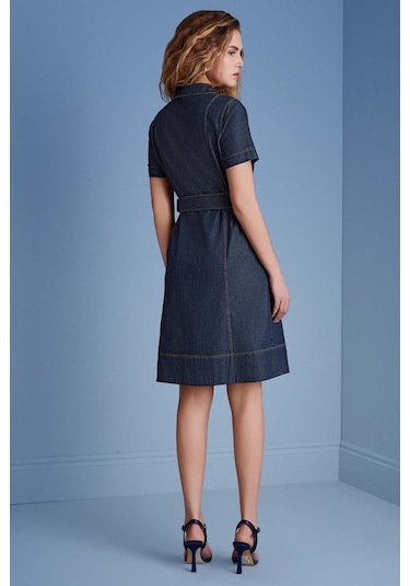 Gömlek Yaka Mavi Jean Elbise Mavi