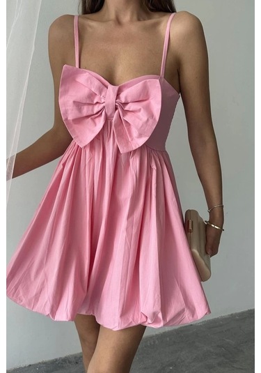 Pembe Önü Fiyonklu Askılı Elbise Pembe