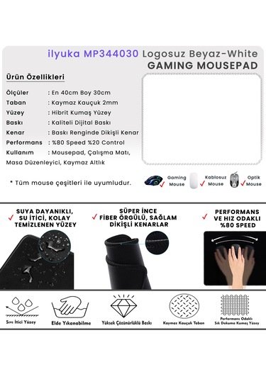 İlyuka Mousepad 40x30cm Gaming Oyuncu Mp344030 Logosuz Beyaz