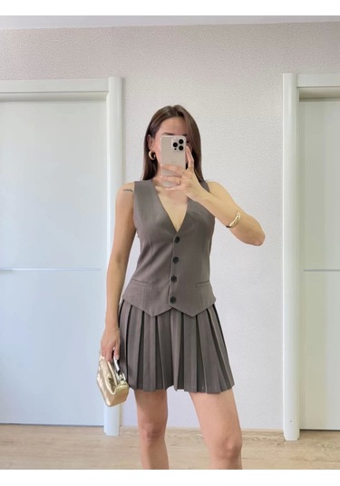 Keten Takım Görünümlü Düğme Detaylı Yelekli Mini Elbise - Füme Füme